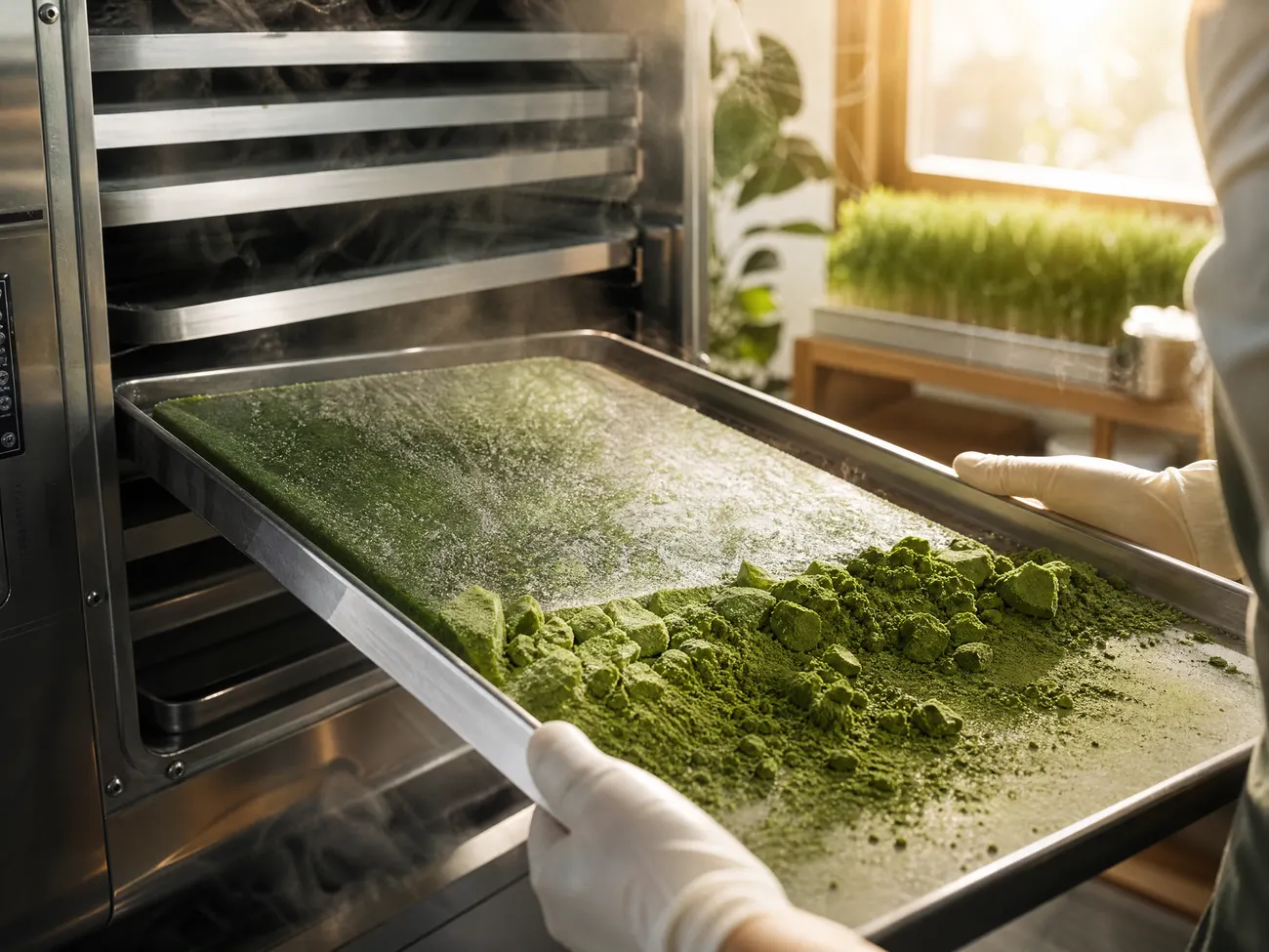 A tray of frozen wheatgrass juice breaking into fine green powder inside the freeze-dryer