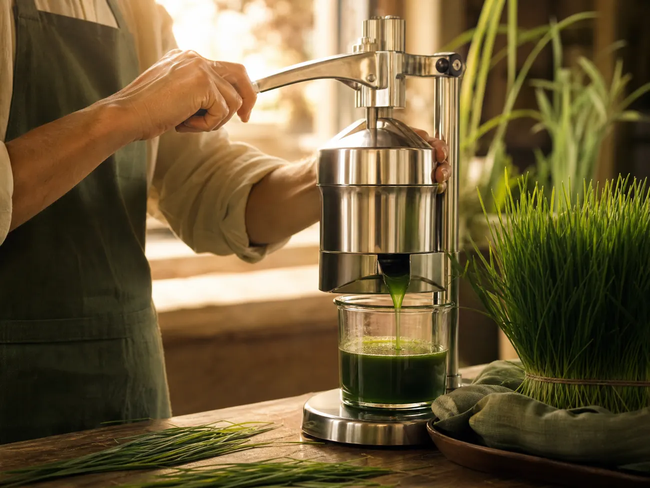Fresh wheatgrass juice being pressed by hand, the step before freeze-drying
