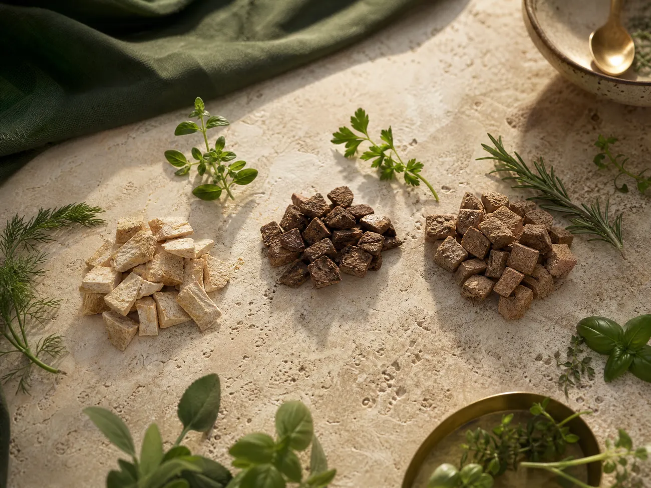 Freeze-dried ingredients arranged on warm stone