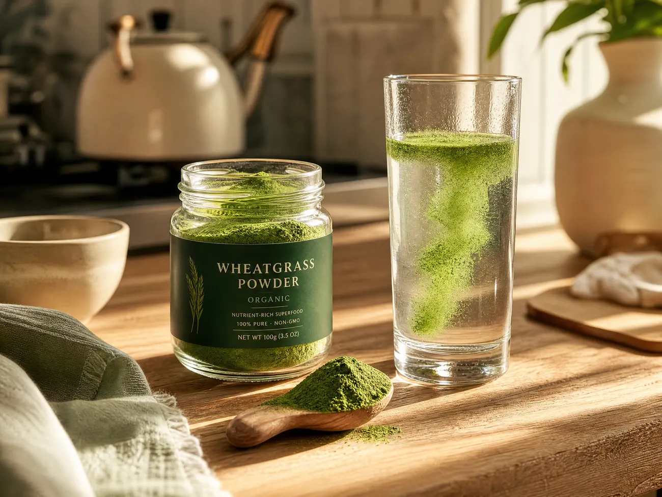 A jar of ZeGrass® wheatgrass powder and a heaped spoonful beside a glass of water in morning light