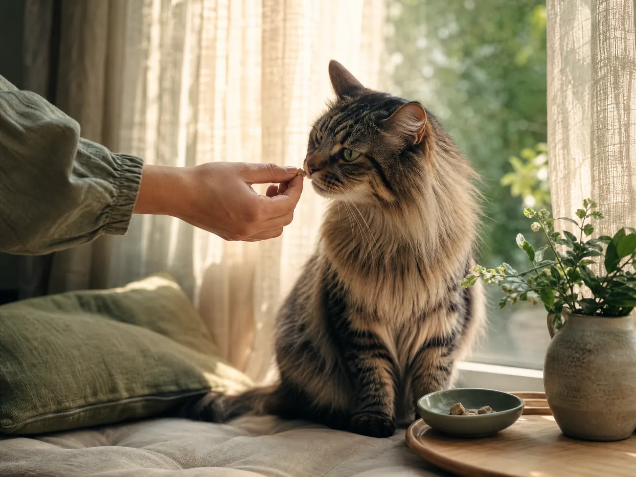 A hand offering a treat to a cat by a bright window