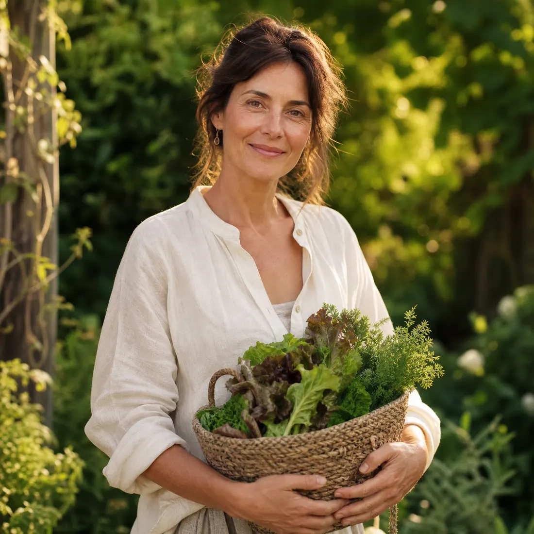 A woman in her garden holding a basket of fresh greens
