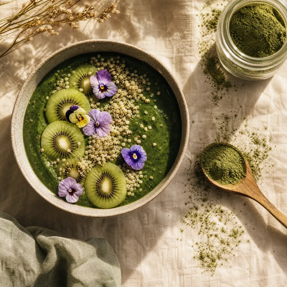 A green wellness bowl on cream linen beside a jar and spoonful of ZeGrass® wheatgrass powder