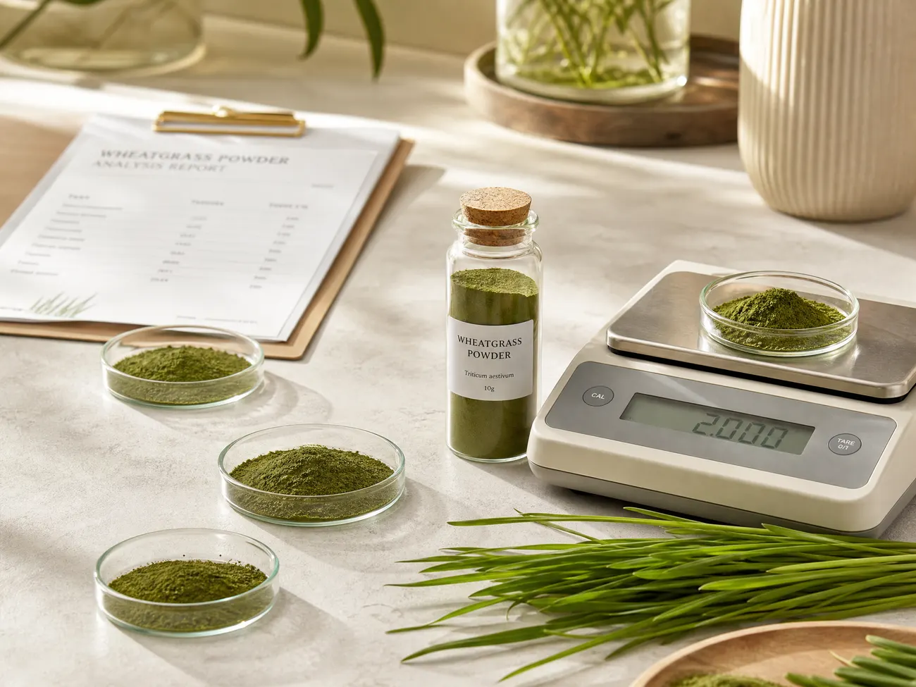 Laboratory glassware used to test each wheatgrass harvest