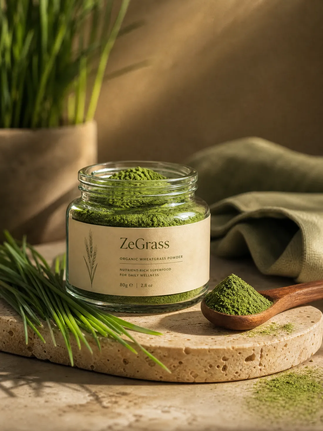 A jar of ZeGrass® freeze-dried organic wheatgrass powder with a wooden spoonful beside it