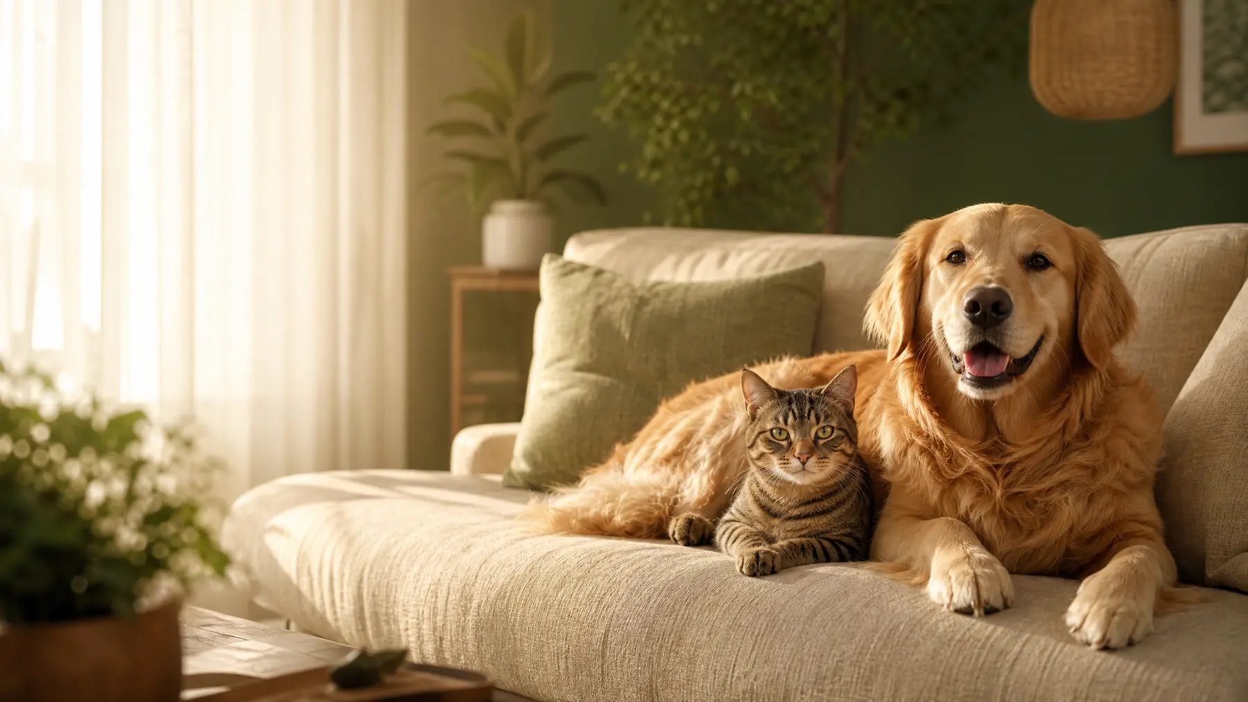 A golden retriever and a tabby cat resting together on a linen sofa