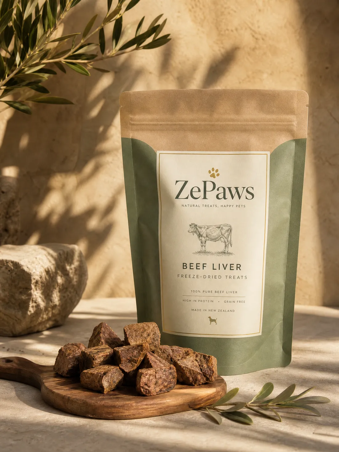 ZePaws® freeze-dried treats pouch with treat pieces